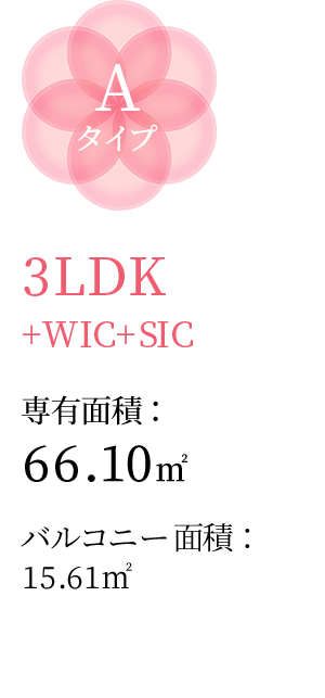Aタイプ 3LDK+WIC+SIC 専有面積：66.10㎡ バルコニー面積：15.61㎡
