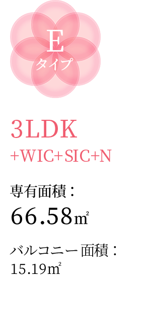 Eタイプ 3LDK+WIC+WIC+N 専有面積：66.58㎡ バルコニー面積：15.19㎡