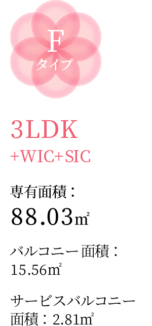 Fタイプ 3LDK+WIC+SIC 専有面積：88.03㎡ バルコニー面積：15.56㎡ サービスバルコニー面積：2.81㎡