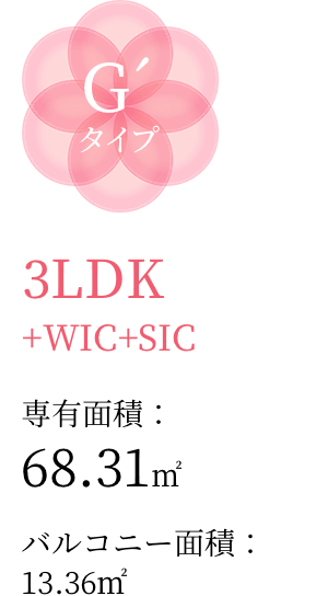 G´タイプ 3LDK+WIC+SIC 専有面積：68.31㎡ バルコニー面積：13.36㎡